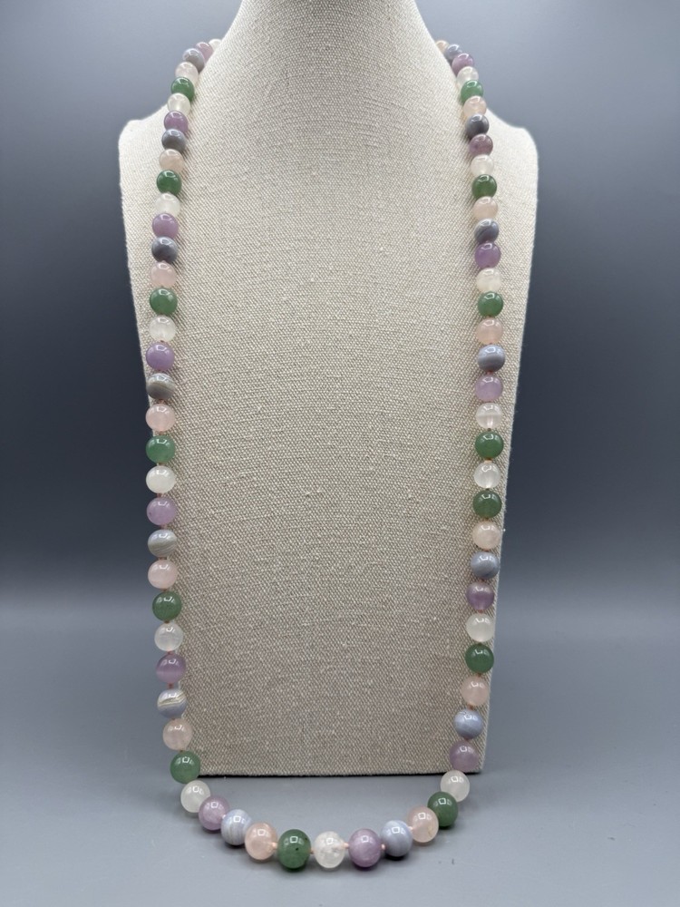 Vintage Multicolor Quartz Rose Jade Amethyst 10mm Bead Knotted Necklace 35”