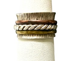Vtg Modernist 925 Sterling Silver Brass Copper Triple Spinner Band Ring Size 8