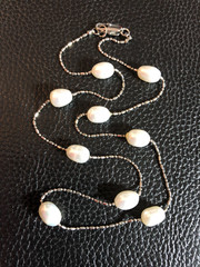 Silver White Cultured Pearl Station Chain Necklace Real Genuine Baroque 17+” P29