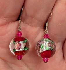 Vintage Sterling Silver Pink Roses Crystal Glass Lampwork Beaded Dangle Earrings