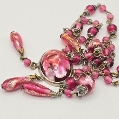 VTG Czech Style Pink Foil Glass Necklace Dangle Art Deco Bohemian 1920’s 16.5″