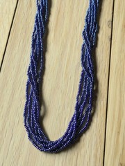 Natural Nepal Glass Seed Bead Multi Strand Necklace. Iridescent Peacock Blue 22″