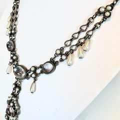 Vintage Moonstone Rhinestone Simulated Pearl Necklace Victorian Poured Glass