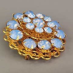 Rhinestone Flower Brooch Clip On Earrings Set Blue Opalite Round