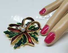Rhinestone Enamel Green and Red Christmas Bow Brooch Pin Pendant 2″