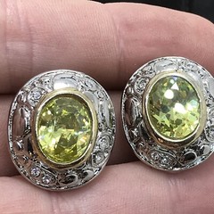 Vintage 2-tone Renaissance Revival Peridot Clear Cubic Zirconia Pierced Earrings