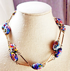 Vintage Italian Artisan Millefiori Glass Necklace 30 inches Brass Links