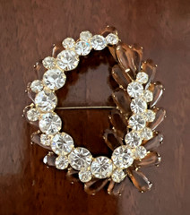 VTG. JULIANA DELIZZA & ELSTER AMBER & CLEAR RHINESTONE BROOCH LARGE 3″