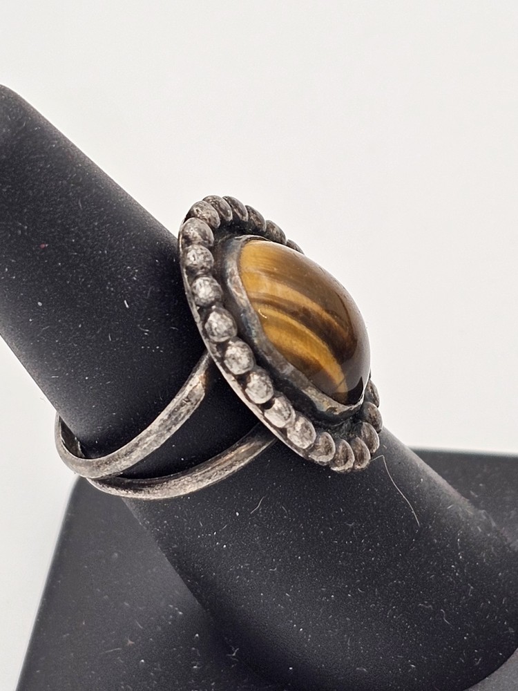 Vintage Sterling Silver Ring W/ Tiger’s Eye Cabochon Size 7.25, Signed JMS, H17