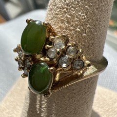 Vintage Faux Jade & Diamond Ring Set In Gold Tone Metal; Sz. 6.5; Beautiful!