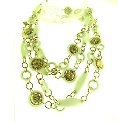 Vintage Gold and White Hong Kong Plastic Flower Link Chain Long Necklace 15mm*36