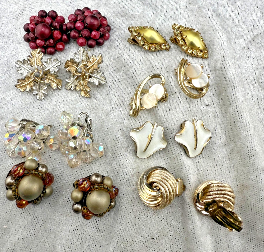 Vintage Clip On Earrings Gold Tone Enamel Rhinestone Mother of Pearl