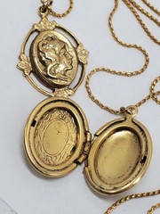 Vintage Goldette Gold Tone Triple (3) Strand Necklace W/ Locket & Medusa? Face