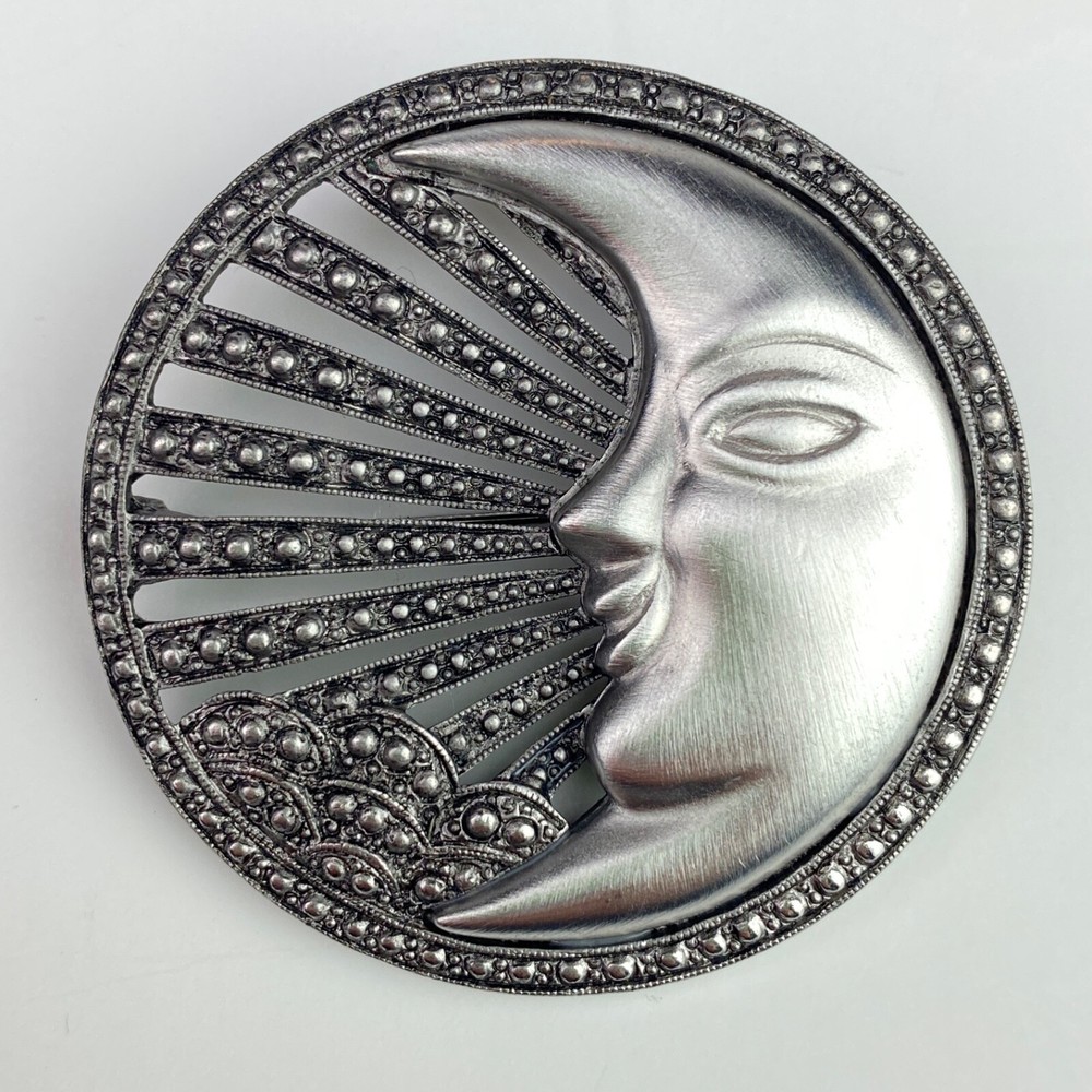 TONA Vintage Silver Tone Round Large Pin Brooch Moon Face