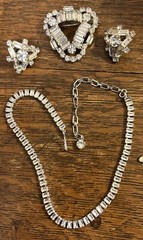 Vtg Gorgeous B. David Rhinestone Necklace Brooch & Screw Back Earrings
