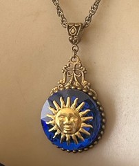 Man in the Sun Necklace Huge Blue Rhinestone Sun Face Sunshine Celestial Pendant