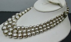 Vintage Miriam Haskell Silver Baroque Glass Pearl 3 Strand Necklace Signed