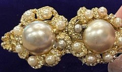 Vintage Signed HOBE Gold Tone & Faux Pearl Rhinestone Hinged Clamp Bracelet Sz M