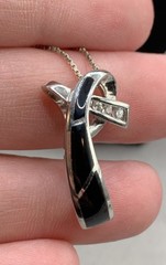 Vintage JH Sterling Silver Onyx Inlay & Cubic Zirconia Pendant Necklace 26″