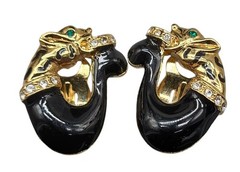 Jackie Collins Rare Clip On Earrings Figural Cougar Loop Black Enamel Rhinestone