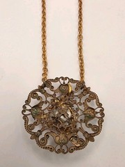 Vintage Art Nouvea Style Topaz Crystal Dragon Filigree Mixed Metal Necklace