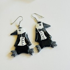 VTG Tuxedo Penguin Wood Earrings statement dangle Pierced Painted Chunky Figural