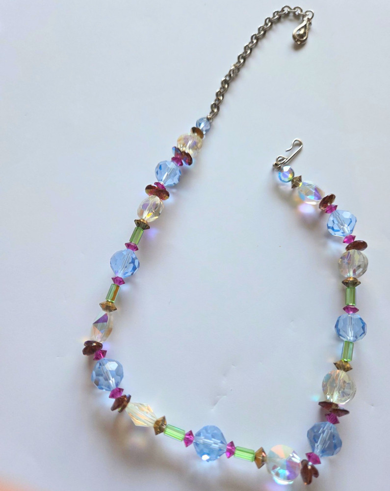 Vintage Pastel Blue AB Glass Bead Necklace Pink Green Crystal 1950s 1960s