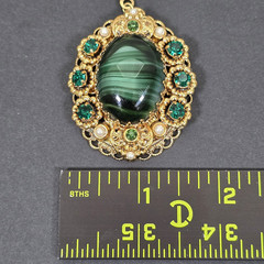 WEST GERMANY GREEN SLAG CABOCHON FILIGREE PENDANT NECKLACE EARRINGS SET VINTAGE