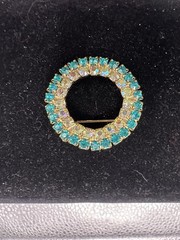 Vintage Double Circle Pin AB Crystals Clear Aqua Color Gold Plated Vtg Clasp