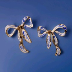 Stunning Goldtone Blue&white Enameled Stud Bow Earrings
