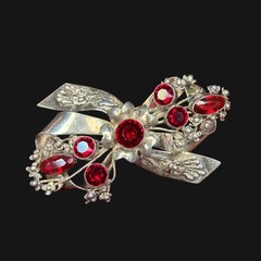 Rare Hobe Sterling 925 Ribbon Spray Earrings Brooch Ring Set Ruby Crystals w/Box