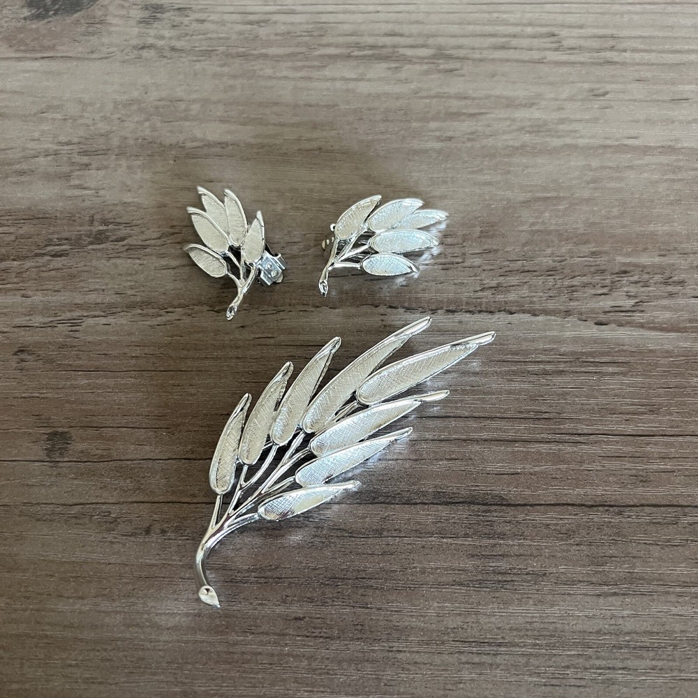 Vintage Judy Lee Brooch Pendant Clip On Earrings Signed Silver Tone Leaf Leaves