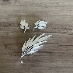 Vintage Judy Lee Brooch Pendant Clip On Earrings Signed Silver Tone Leaf Leaves