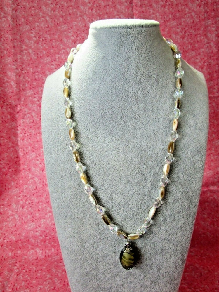 Glass Shell & Acrylic Bead Pendant Necklace 23″ / Neutral Tones & Clear / F
