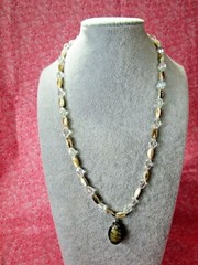 Glass Shell & Acrylic Bead Pendant Necklace 23″ / Neutral Tones & Clear / F