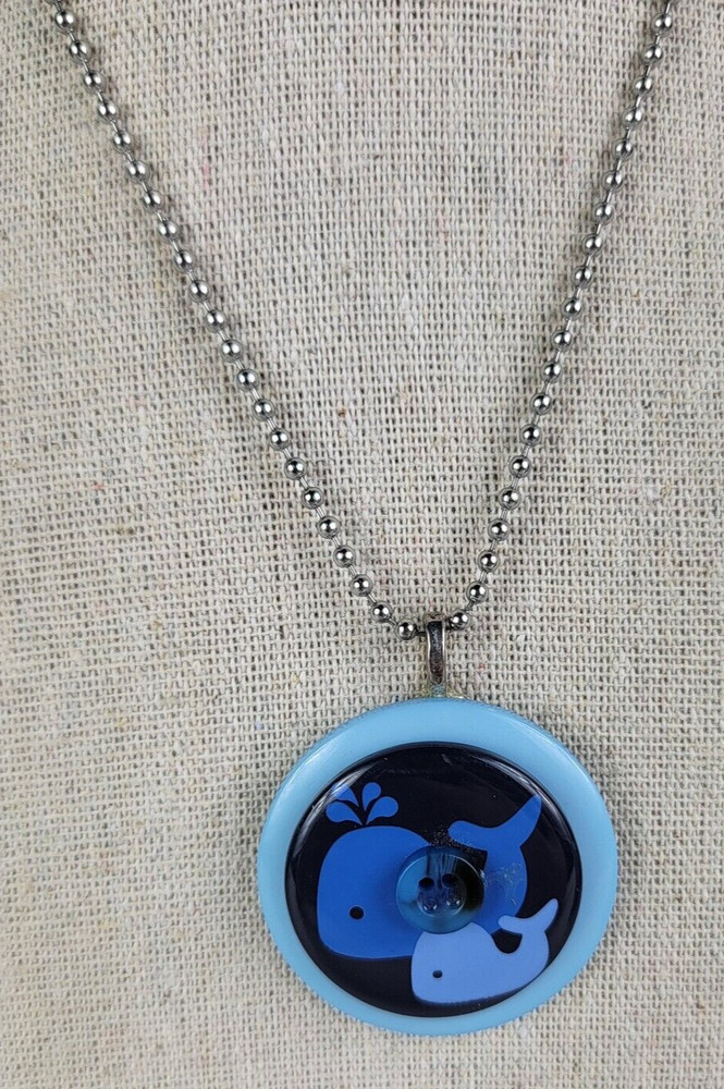 Vintage Blue Whale Plastic Button Pendant Necklace 29 in Ball Bead Chain