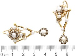 Natural Pearl, 0.66Ct Diamond and Enamel, 9k Yellow Gold Drop Earrings