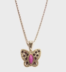 Vtg Butterfly Purple Howlite,Red Ab Crystals ,Plated Silver Tone Metal Necklace