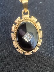 VTG SIGNED VAN DELL GOLD FILLED BLACK ONYX STONE PENDANT 1/20 14K W/ 17” CHAIN