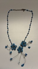 Vintage Silver Tone/ Faux Turquoise Flower Bead Wire Necklace 16-18″