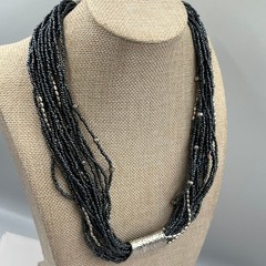 Coldwater Creek Multi-Strand Seed Bead Necklace Silver Tone Hammer Slide Accent