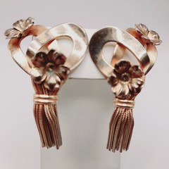 Vintage 1950s Gold Tone Tassel Clip Earrings with Flowers, 2.5 Inches