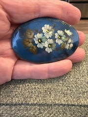 Hand Painted Russian Lacquer Brooch Floral Blue Signed Made In Russia Vintage