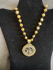 Vintage Necklace French Kande Faux Golden Pearl, Pendant Cognac Pineau 16”