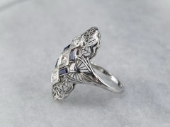 Art Deco Filigree Lab-Created Diamond & Sapphire Ring Vintage Statement Jewelry