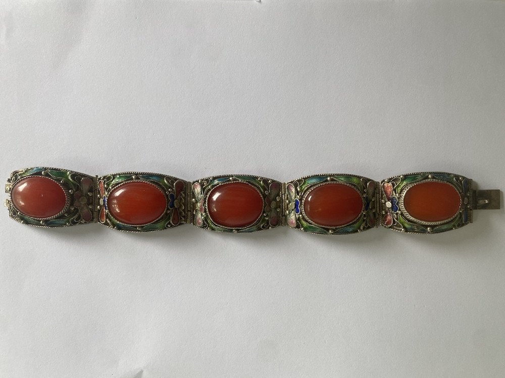 CHINESE EXPORT Bracelet Silver Filigree Cloisonne Enamel Vintage Carnelian Panel