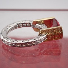 Vintage Tension Set Oval Red Crystal Clear Sides Silver Gold Tone Size 6 Ring