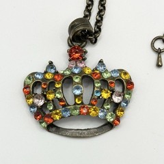 Vintage Crown Rhinestone Pendant Necklace Multi Color Men Women 16-18”