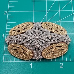 VTG Art Deco Style Brooch 2.5in Two Tone Filigree Domed Openwork Heavy 3D Estate