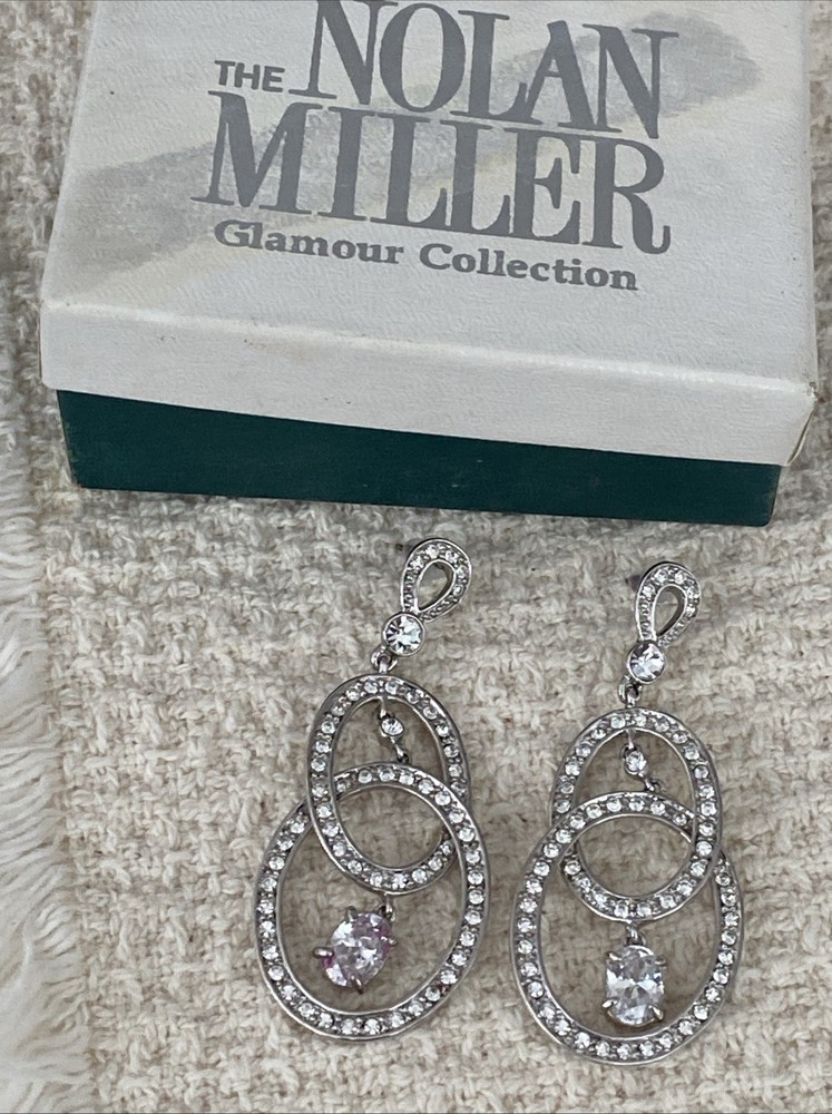 Vintage Nolan Miller Glamour Rhinestone Dangle Pierced Earrings 2 1/4”